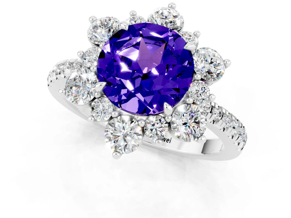 Silver Round Cut Tanzanite Floral Halo Ring with Round Pavé Band and Prong Setting