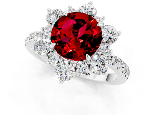 Silver Round Cut Ruby Floral Halo Ring with Round Pavé Band and Prong Setting
