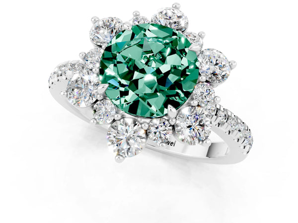 Platinum Round Cut Green Sapphire Floral Halo Ring with Round Pavé Band and Prong Setting