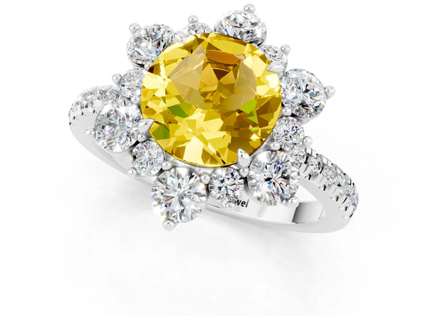 Silver Round Cut Yellow Sapphire Floral Halo Ring with Round Pavé Band and Prong Setting