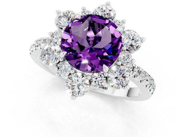 Silver Round Cut Amethyst Floral Halo Ring with Round Pavé Band and Prong Setting