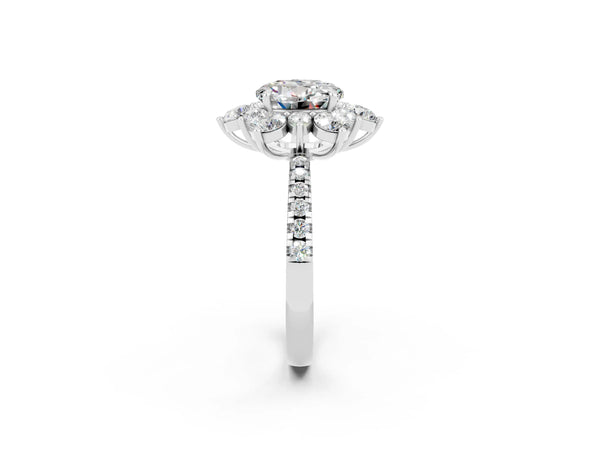 Platinum Round Cut Moissanite Floral Halo Ring with Round Pavé Band and Prong Setting