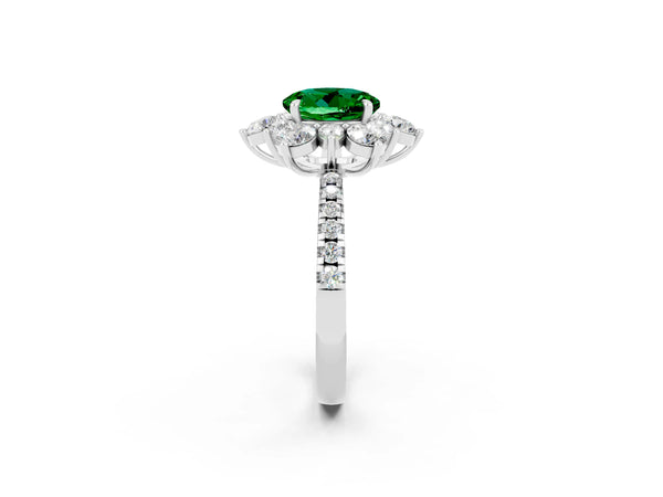 White gold Round Cut Emerald Floral Halo Ring with Round Pavé Band and Prong Setting