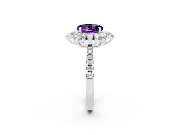 White gold Round Cut Amethyst Floral Halo Ring with Round Pavé Band and Prong Setting