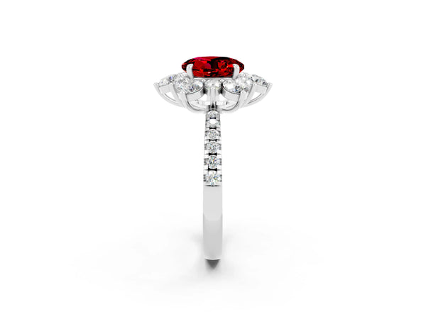 Platinum Round Cut Ruby Floral Halo Ring with Round Pavé Band and Prong Setting