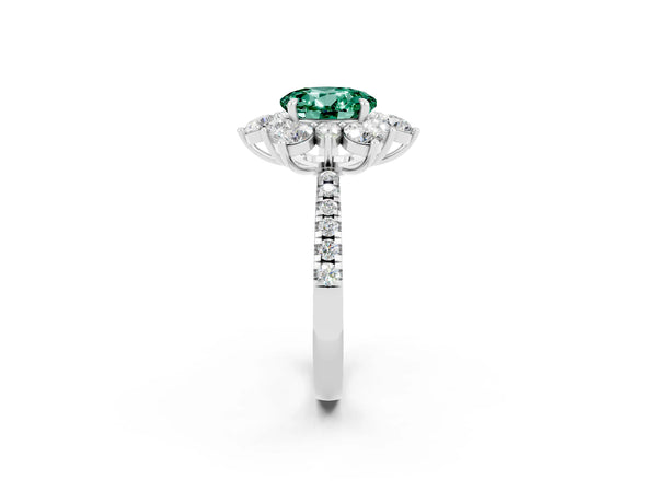 Platinum Round Cut Green Sapphire Floral Halo Ring with Round Pavé Band and Prong Setting