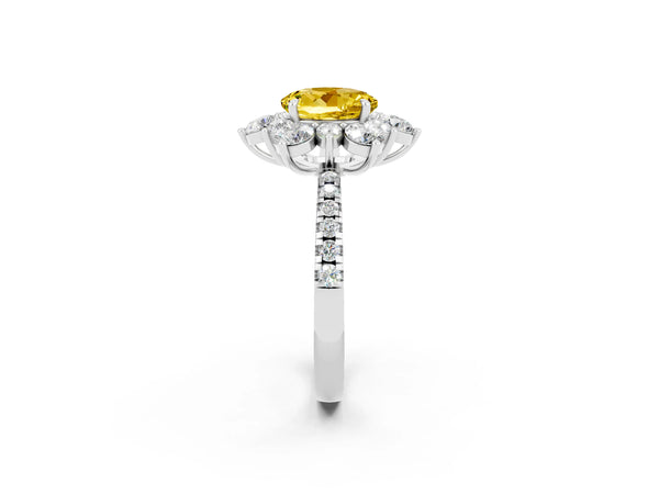 White gold Round Cut Yellow Sapphire Floral Halo Ring with Round Pavé Band and Prong Setting