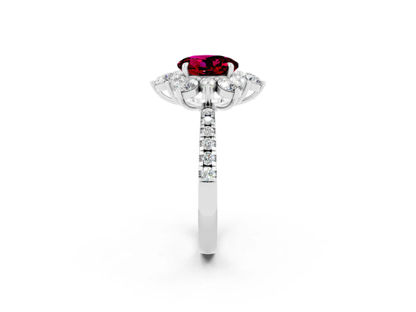 Silver Round Cut Garnet Floral Halo Ring with Round Pavé Band and Prong Setting