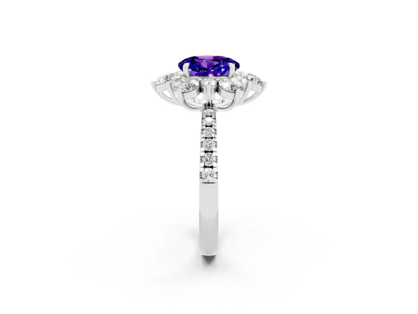 Silver Round Cut Tanzanite Floral Halo Ring with Round Pavé Band and Prong Setting