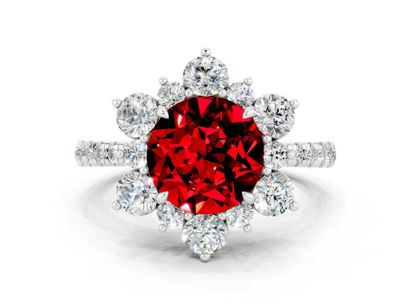 Platinum Round Cut Ruby Floral Halo Ring with Round Pavé Band and Prong Setting