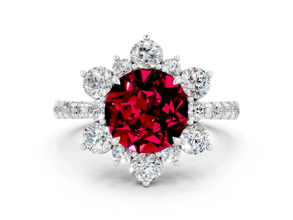 White gold Round Cut Garnet Floral Halo Ring with Round Pavé Band and Prong Setting