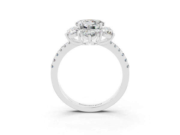 Platinum Round Cut Moissanite Floral Halo Ring with Round Pavé Band and Prong Setting