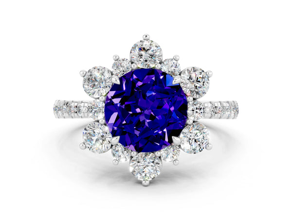 White gold Round Cut Tanzanite Floral Halo Ring with Round Pavé Band and Prong Setting