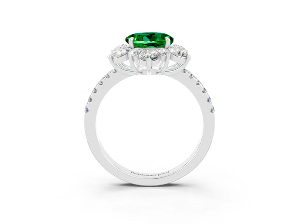 Platinum Round Cut Emerald Floral Halo Ring with Round Pavé Band and Prong Setting