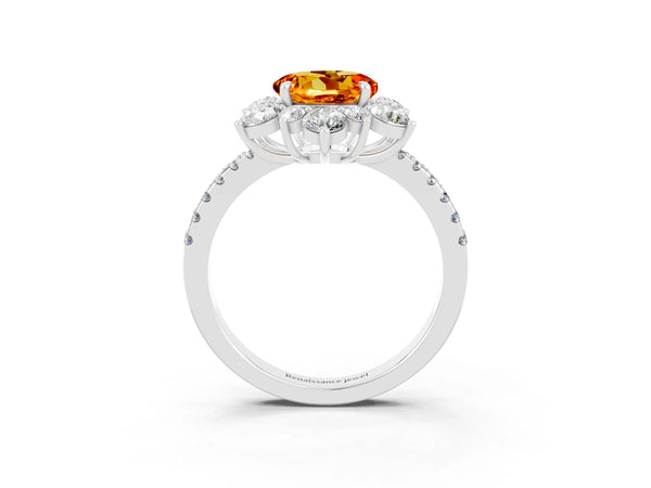 Platinum Round Cut Citrine Floral Halo Ring with Round Pavé Band and Prong Setting