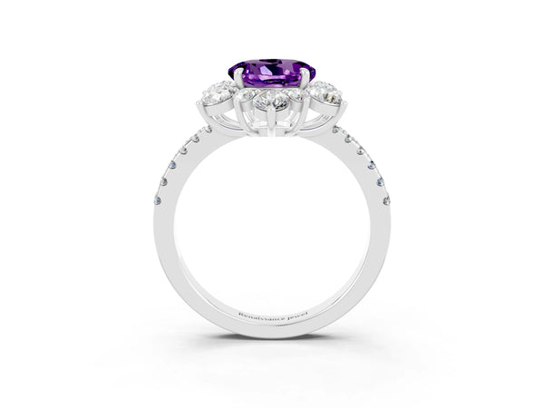 White gold Round Cut Amethyst Floral Halo Ring with Round Pavé Band and Prong Setting