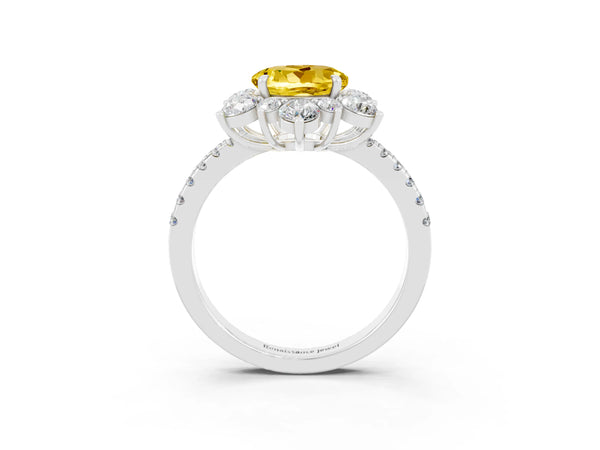 White gold Round Cut Yellow Sapphire Floral Halo Ring with Round Pavé Band and Prong Setting