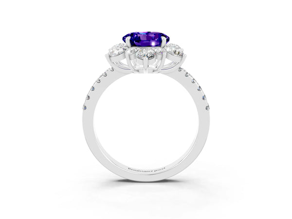 White gold Round Cut Tanzanite Floral Halo Ring with Round Pavé Band and Prong Setting