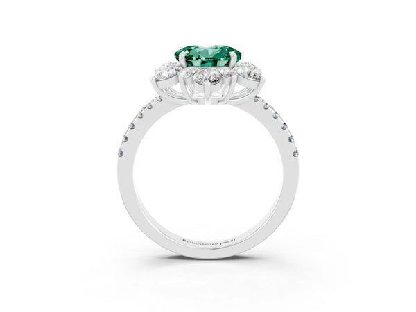 Platinum Round Cut Green Sapphire Floral Halo Ring with Round Pavé Band and Prong Setting