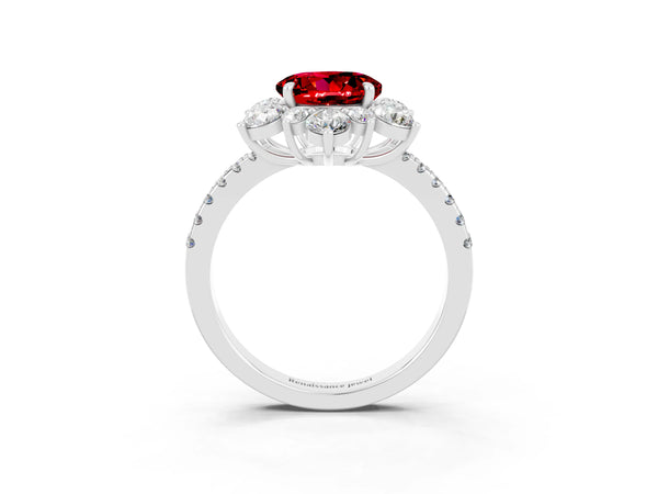 Platinum Round Cut Ruby Floral Halo Ring with Round Pavé Band and Prong Setting