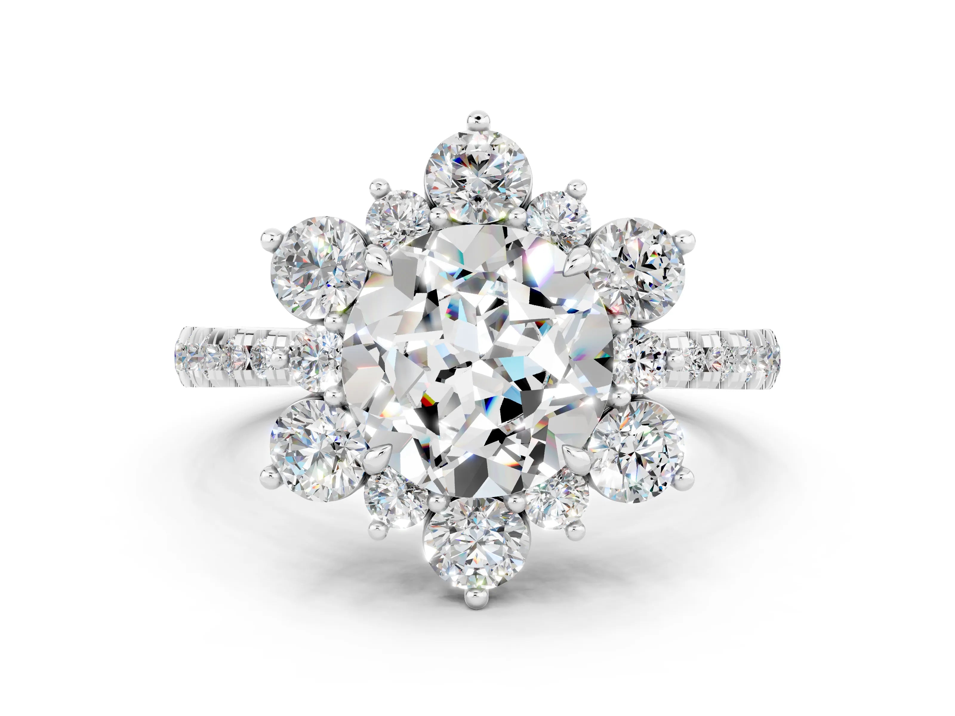 White gold Round Cut Cut Diamond Floral Halo Pave Band with Prong Setting
