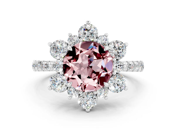 Platinum Round Cut Cut Diamond Floral Halo Pave Band with Prong Setting