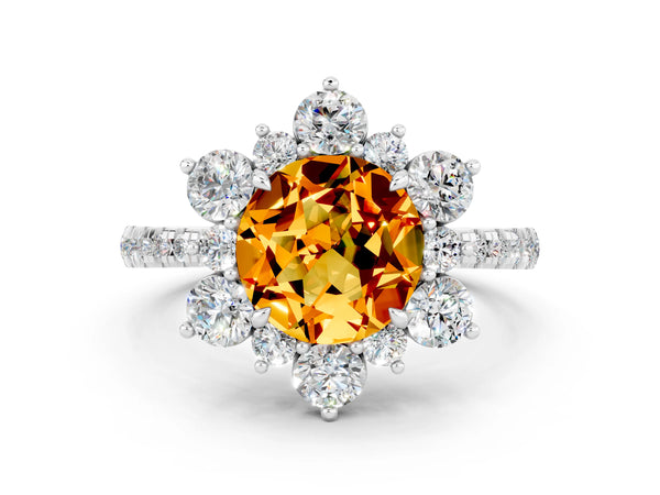 Platinum Round Cut Citrine Floral Halo Ring with Round Pavé Band and Prong Setting