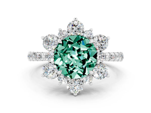Platinum Round Cut Green Sapphire Floral Halo Ring with Round Pavé Band and Prong Setting