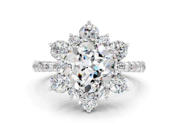 Platinum Round Cut Moissanite Floral Halo Ring with Round Pavé Band and Prong Setting