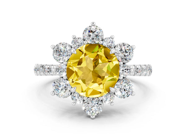 White gold Round Cut Yellow Sapphire Floral Halo Ring with Round Pavé Band and Prong Setting