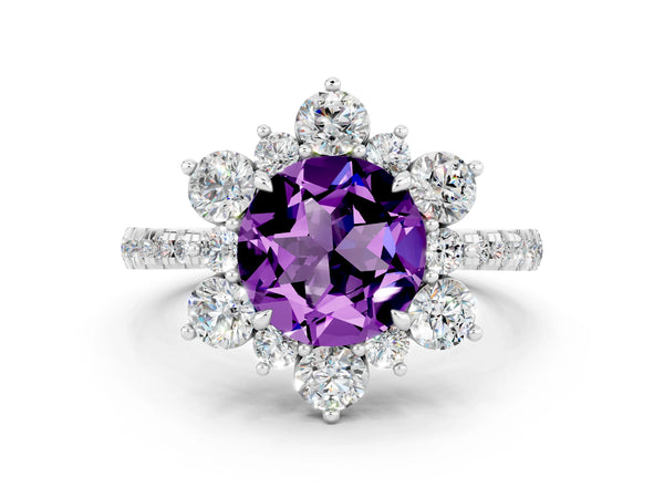 Silver Round Cut Amethyst Floral Halo Ring with Round Pavé Band and Prong Setting