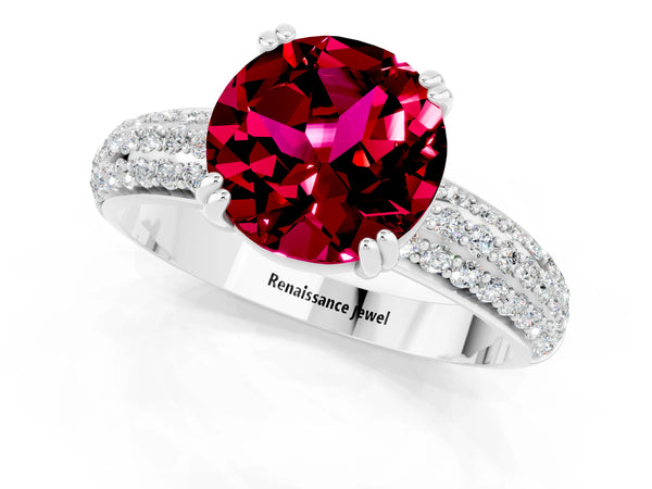 White gold Round Cut Garnet Vintage Milgrain Ring with Round  Stations