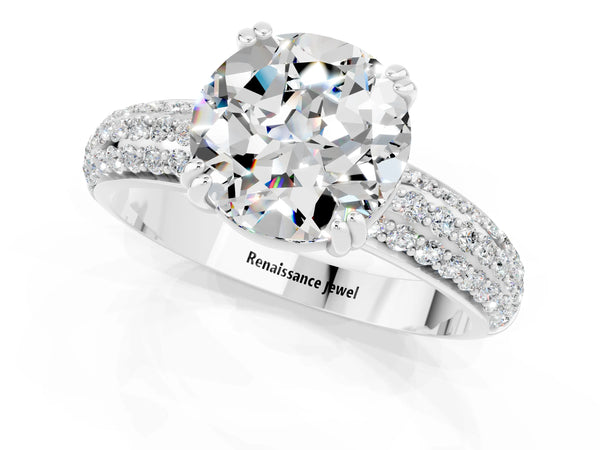 White gold Round Cut Moissanite Vintage Milgrain Ring with Round  Stations