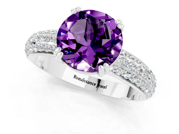 Silver Round Cut Amethyst Vintage Milgrain Ring with Round  Stations