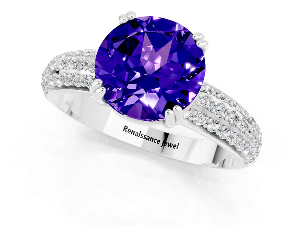 White gold Round Cut Tanzanite Vintage Milgrain Ring with Round  Stations