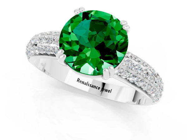 White gold Round Cut Emerald Vintage Milgrain Ring with Round  Stations