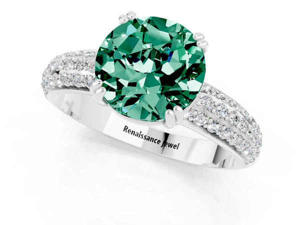 Platinum Round Cut Green Sapphire Vintage Milgrain Ring with Round  Stations