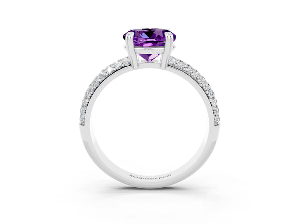Platinum Round Cut Amethyst Vintage Milgrain Ring with Round  Stations