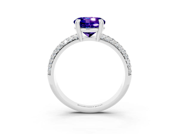 White gold Round Cut Tanzanite Vintage Milgrain Ring with Round  Stations