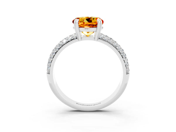 Platinum Round Cut Citrine Vintage Milgrain Ring with Round  Stations
