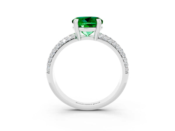 White gold Round Cut Emerald Vintage Milgrain Ring with Round  Stations