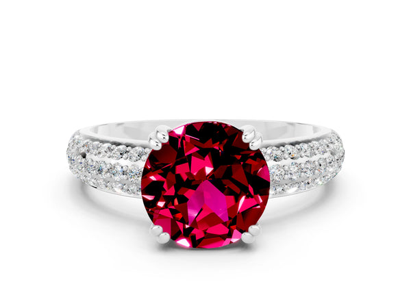 White gold Round Cut Garnet Vintage Milgrain Ring with Round  Stations