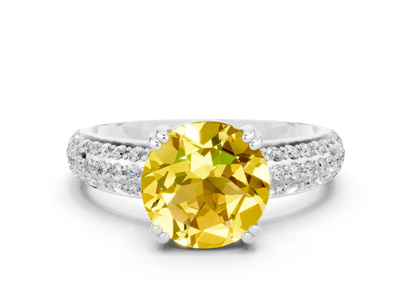 Silver Round Cut Yellow Sapphire Vintage Milgrain Ring with Round  Stations