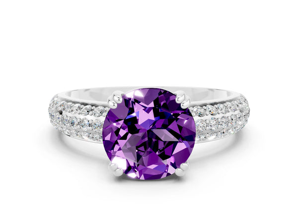 White gold Round Cut Amethyst Vintage Milgrain Ring with Round  Stations