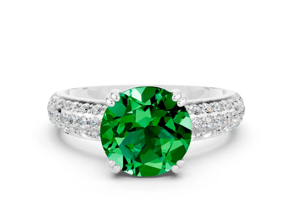 Silver Round Cut Emerald Vintage Milgrain Ring with Round  Stations