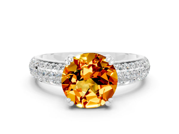 Platinum Round Cut Citrine Vintage Milgrain Ring with Round  Stations