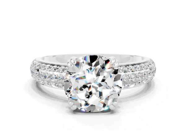 Silver Round Cut Moissanite Vintage Milgrain Ring with Round  Stations