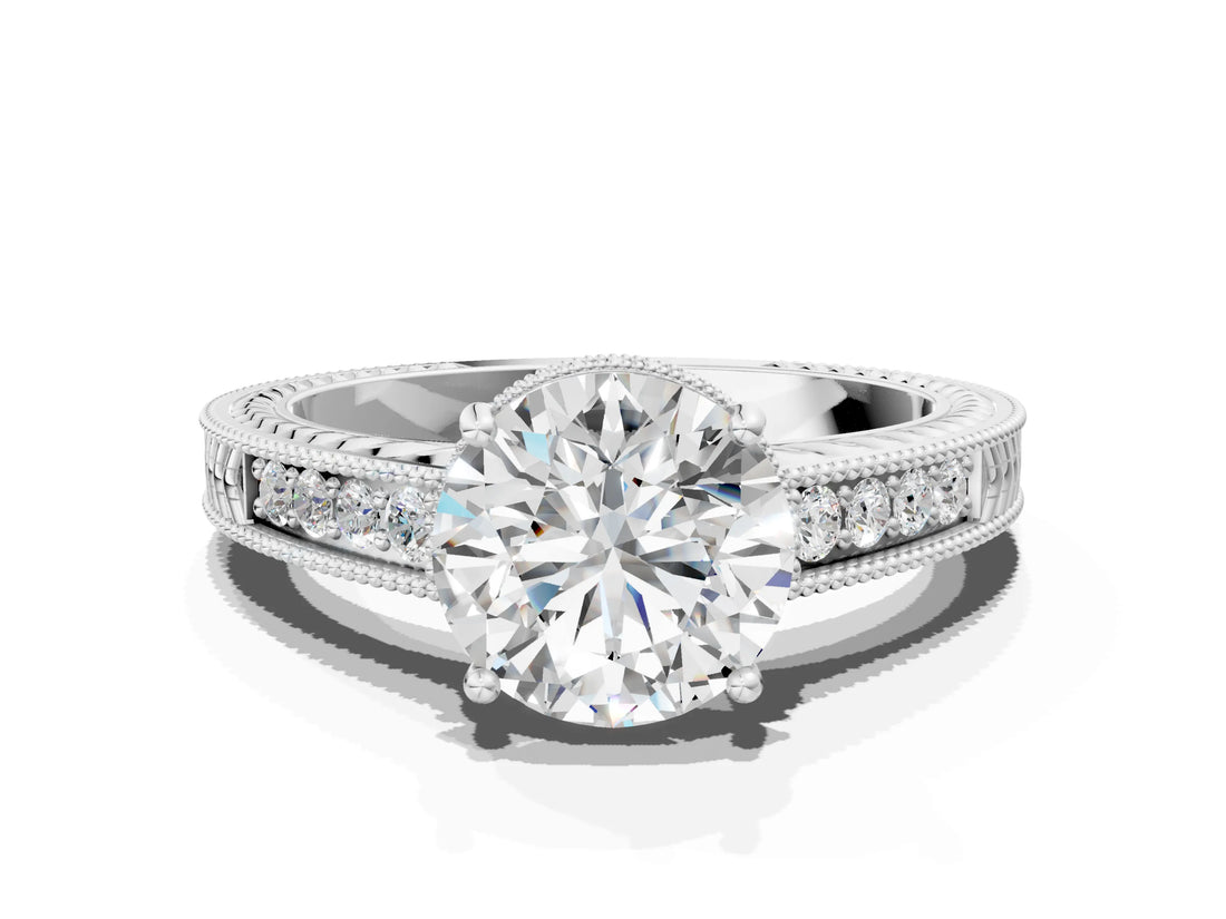 White gold Round Cut Cut Diamond Milgrain Pave Band Four-Prong Setting Ring_7