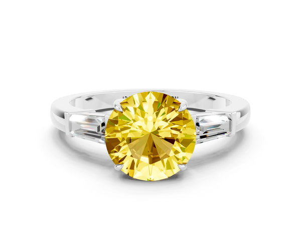 Silver Round Cut Yellow Sapphire Three-Stone Ring with Tapered Baguette Side Stones and Prong Setting