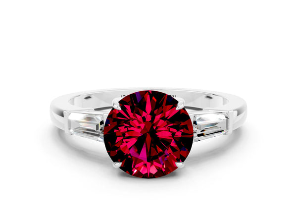 Platinum Round Cut Garnet Three-Stone Ring with Tapered Baguette Side Stones and Prong Setting